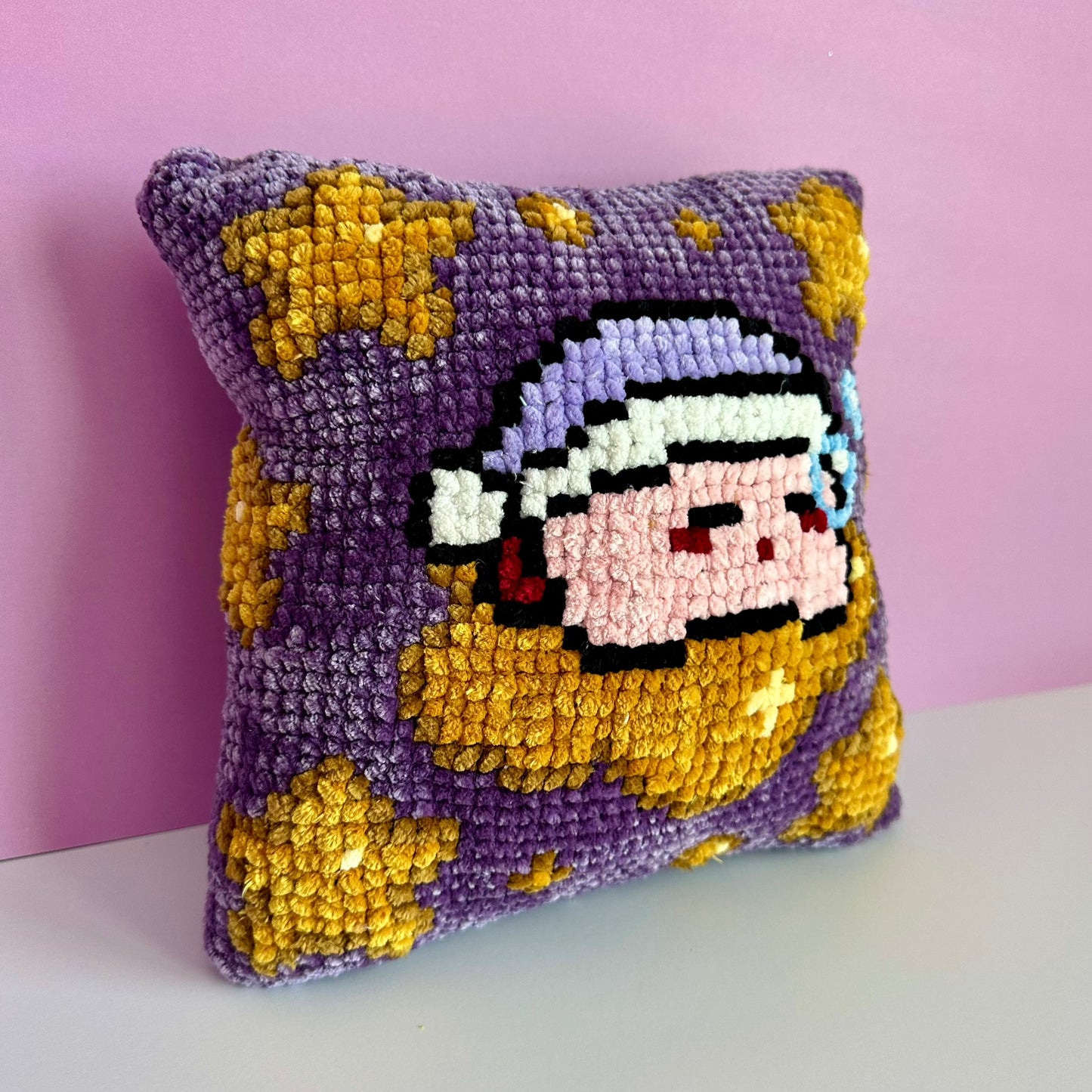 [PATTERN: Crochet & Cross-stitch] Kirby Moon & Stars Accent Pillow